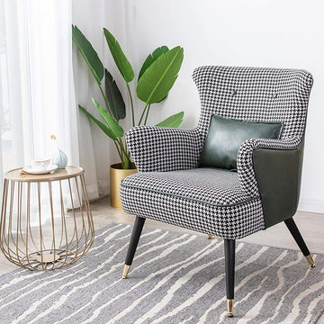 Green Cotton Linen Houndstooth Side Chair with Gold Legs-Richsoul-Chairs & Recliners,Furniture,Living Room Furniture
